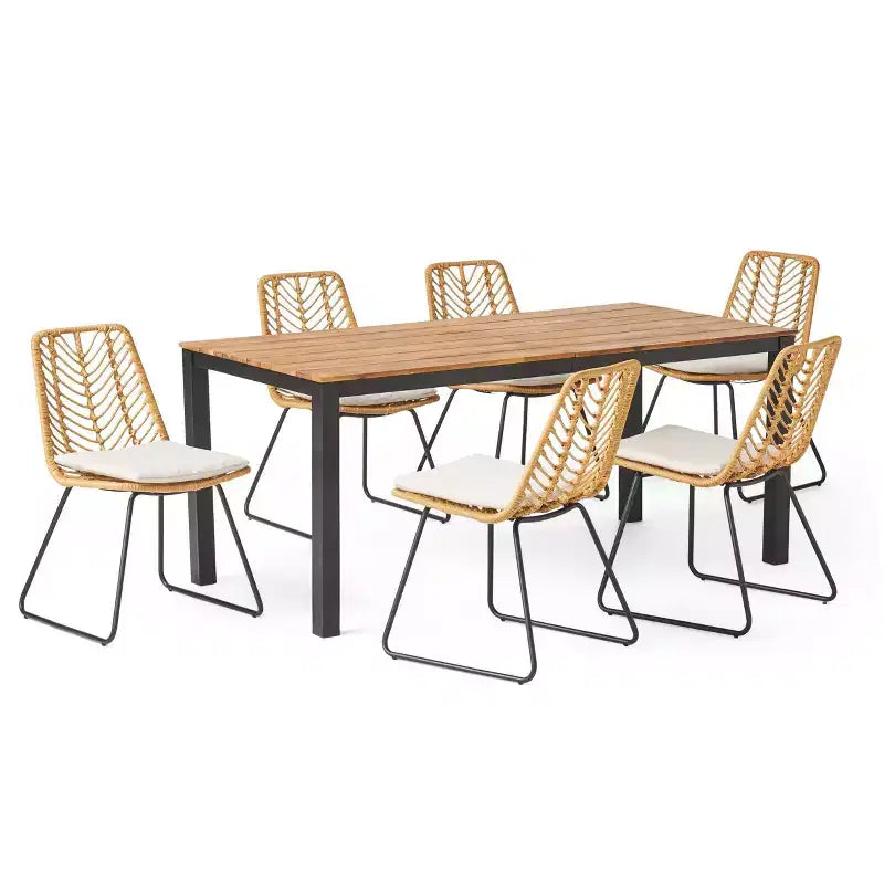 Bleckley 7pc Outdoor Wicker Dining Set - Light Brown/Beige/Teak - Christopher Knight Home: Rattan Patio Furniture Set with Acacia Table Top