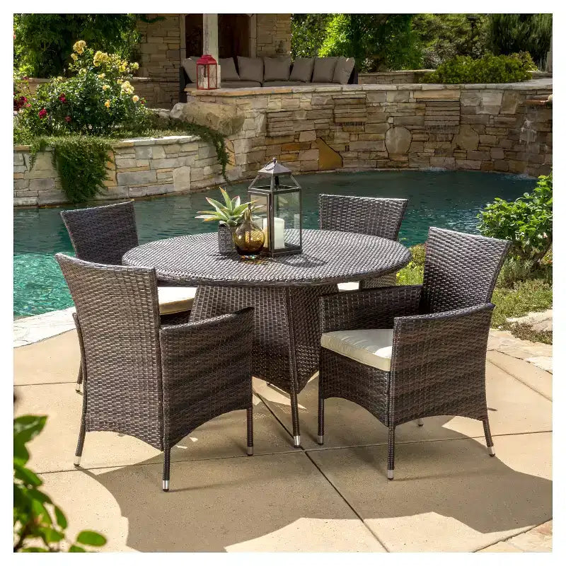 Rodgers 5pc Wicker Patio Dining Set with Cushions: Metal Frame & Resin - Christopher Knight Home