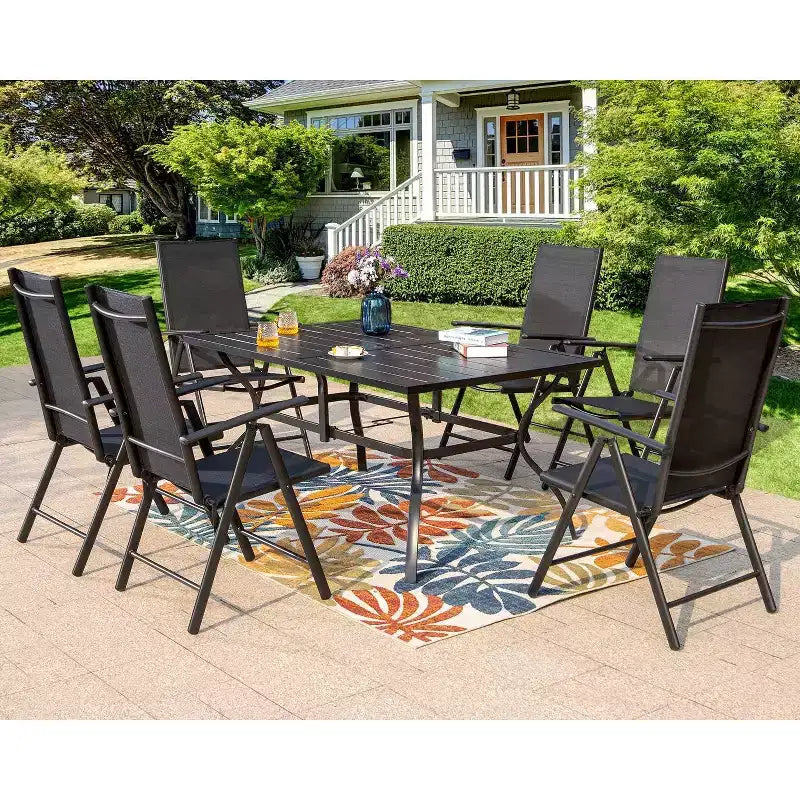 7pc Patio Set with Rectangle Table & Reclining Sling Chairs with Armrests - Captiva Designs: Outdoor Dining Furniture
