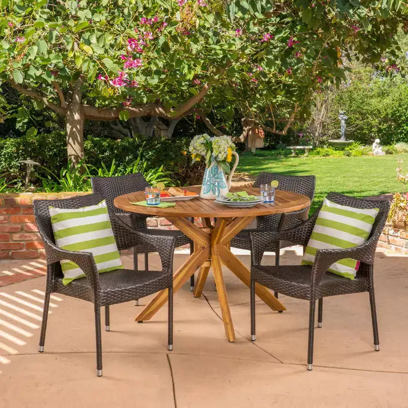 Natividad 5pc Acacia & Wicker Dining Set: Weather-Resistant, Stackable Chairs - Christopher Knight Home