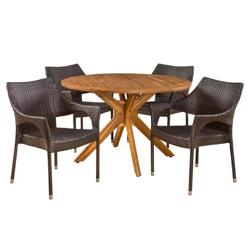 Natividad Set da Pranzo 5 pezzi in Acacia e Rattan: Resistente alle Intemperie, Sedie Impilabili - Christopher Knight Home