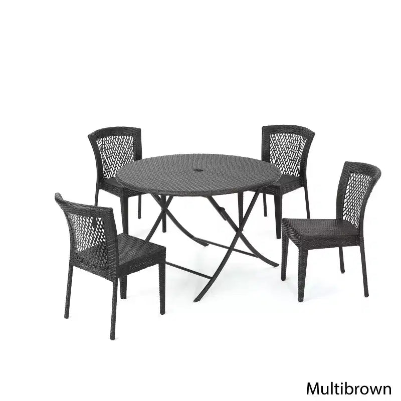 Set da pranzo Rai in vimini da 5 pezzi: marrone, per patio, resistente alle intemperie, struttura in ferro battuto, sedie impilabili, tavolo circolare