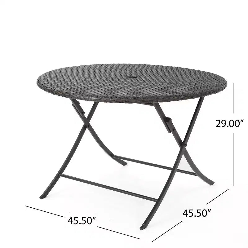 Set da pranzo Rai in vimini da 5 pezzi: marrone, per patio, resistente alle intemperie, struttura in ferro battuto, sedie impilabili, tavolo circolare