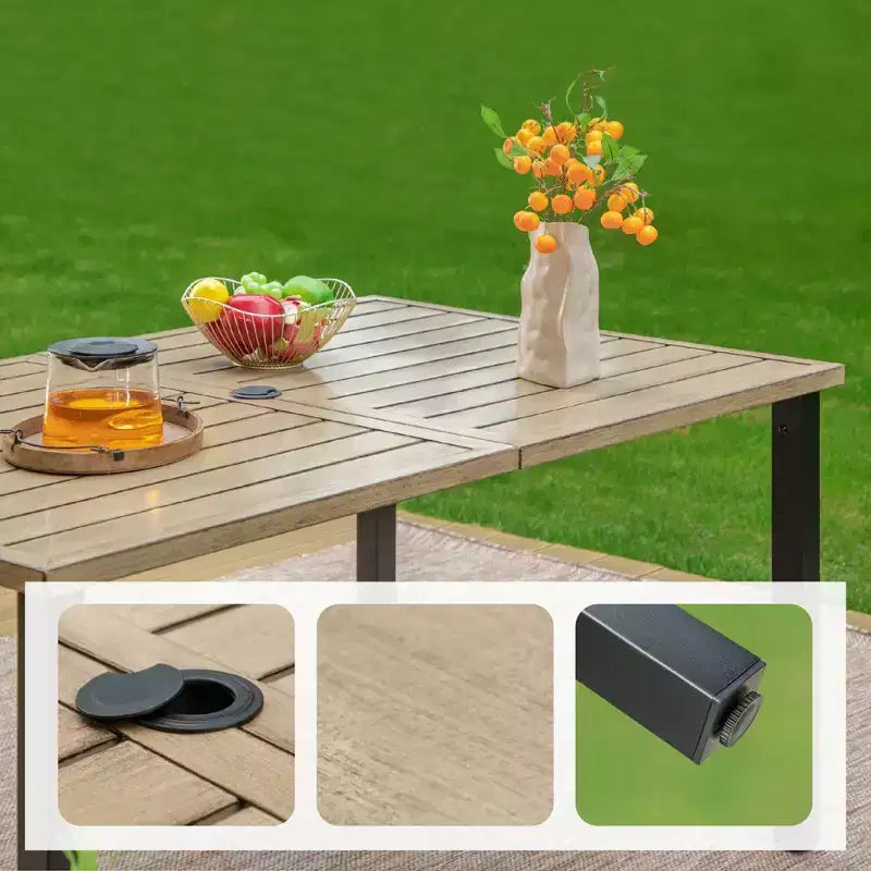 Set da pranzo da esterni 7 pezzi con tavolo rettangolare effetto legno con foro per ombrellone e sedie - Captiva Designs: resistente alle intemperie, telaio in acciaio