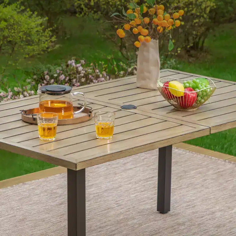 Set da pranzo da esterni 7 pezzi con tavolo rettangolare effetto legno con foro per ombrellone e sedie - Captiva Designs: resistente alle intemperie, telaio in acciaio