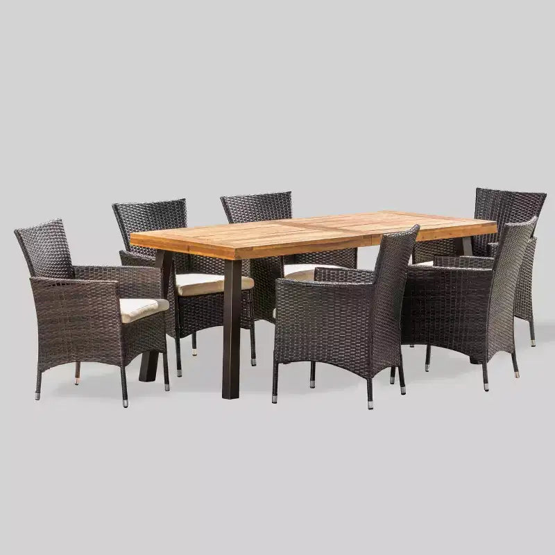 Set da pranzo Tustin 7 pezzi in legno di acacia e vimini marrone/beige - Christopher Knight Home: Con cuscini, resistente alle intemperie