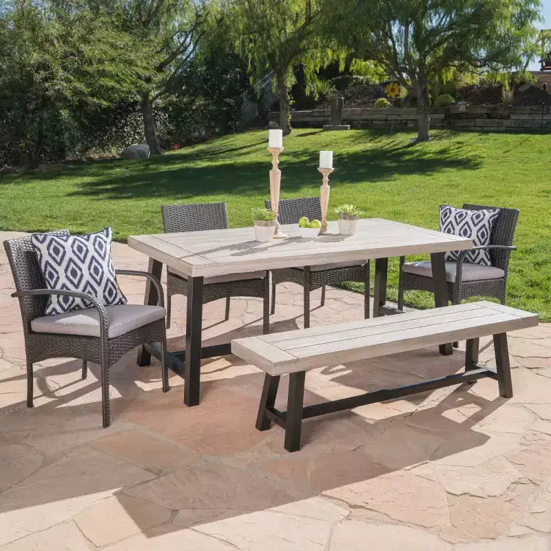 Luster 6pc Acacia Wood and Wicker Dining Set - Light Gray/Gray - Christopher Knight Home: Weather-Resistant, Galvanized Steel Hardware
