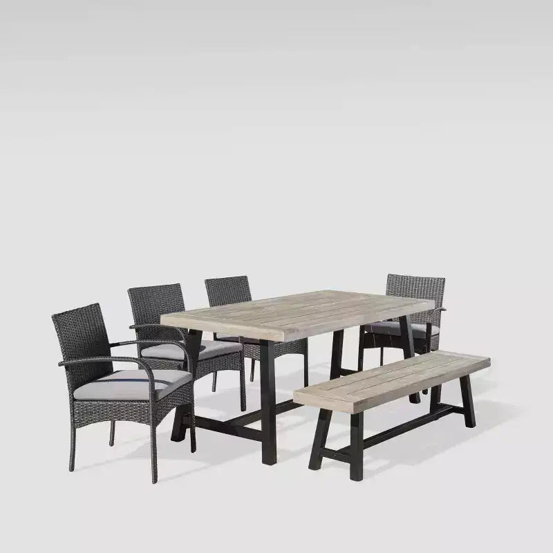 Set da pranzo Luster 6 pezzi in legno di acacia e vimini - Grigio chiaro/Grigio - Christopher Knight Home: Resistente alle intemperie, ferramenta in acciaio zincato