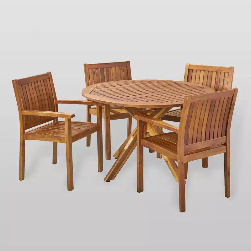 Set da pranzo Karen 5 pezzi in acacia - Teak - Christopher Knight Home: resistente agli agenti atmosferici, tavolo circolare, 4 sedie con braccioli