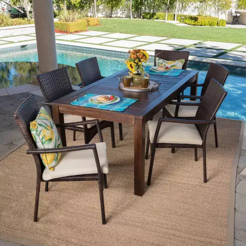 Geelong 7pc Acacia Wood & Wicker Patio Dining Set - Brown - Christopher Knight Home: Includes Cushions, Galvanized Steel Hardware