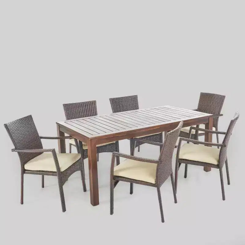 Set da pranzo da esterno Geelong 7 pezzi in legno di acacia e vimini - Marrone - Christopher Knight Home: include cuscini, ferramenta in acciaio zincato