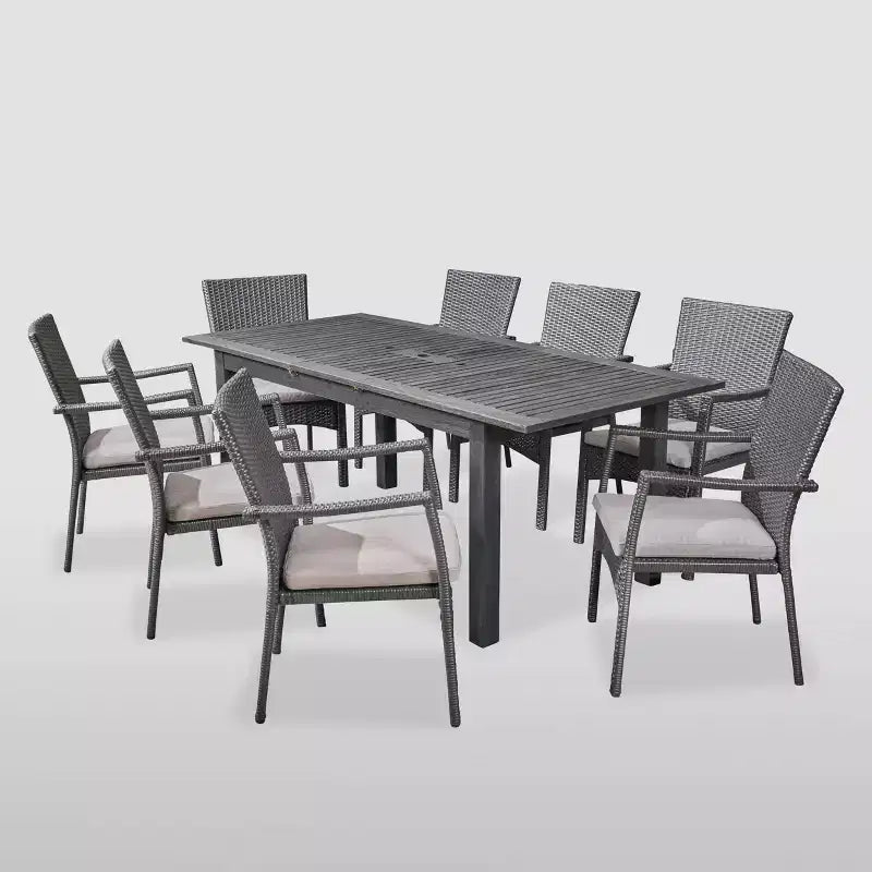 Davenport Set Da Pranzo Espandibile 9 Pezzi in Legno e Vimini Grigio Scuro/Grigio - Christopher Knight Home