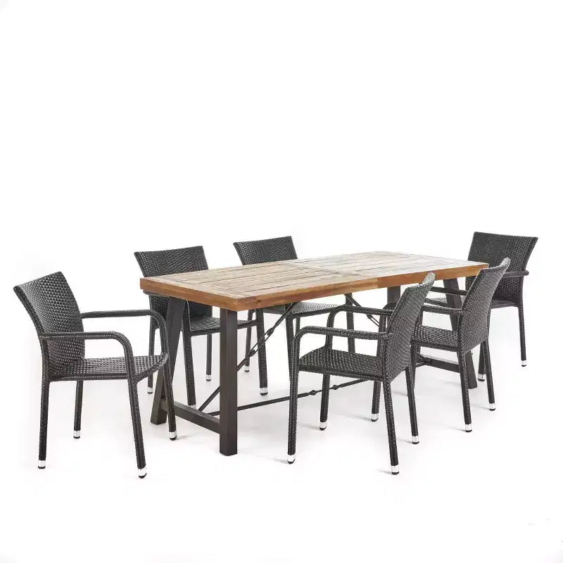 Spencer 7pc Wood & Wicker Dining Set - Brown - Christopher Knight Home: Weather-Resistant, Aluminum Frame