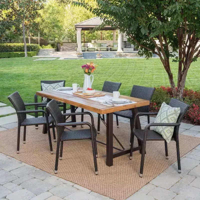 Set da Pranzo Spencer 7 pezzi in legno e vimini - Marrone - Christopher Knight Home: Resistente alle intemperie, telaio in alluminio