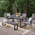 Garner 6pc Wood and Wicker Chair and Bench Dining Set Sandblast Dark Gray/Gray - Christopher Knight Home