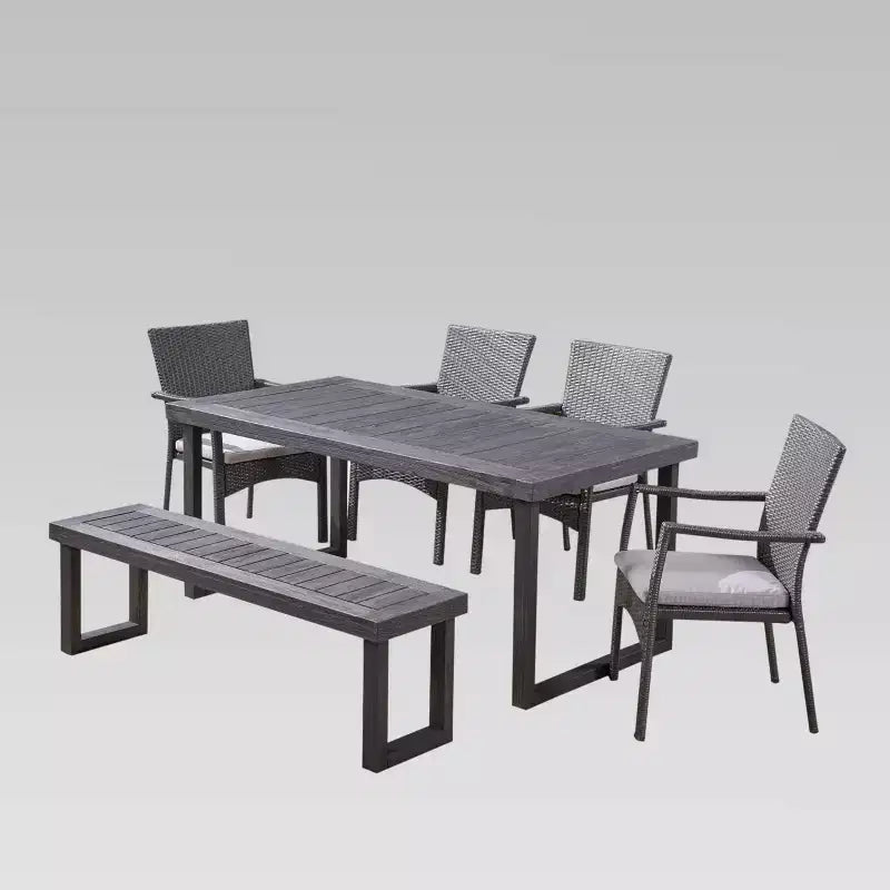 Set da pranzo Garner con 6 sedie in legno e vimini e panca, grigio scuro sabbiato/grigio - Christopher Knight Home