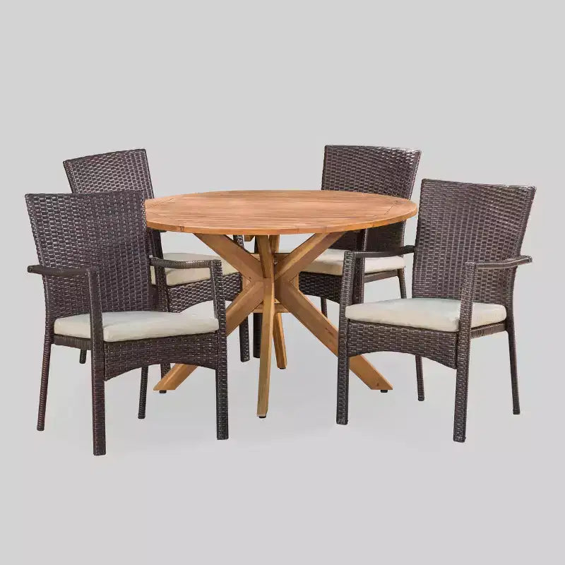 Set da pranzo da esterno Stamford 5 pezzi in legno di acacia e vimini - Marrone - Christopher Knight Home: Resistente alle intemperie, tavolo circolare
