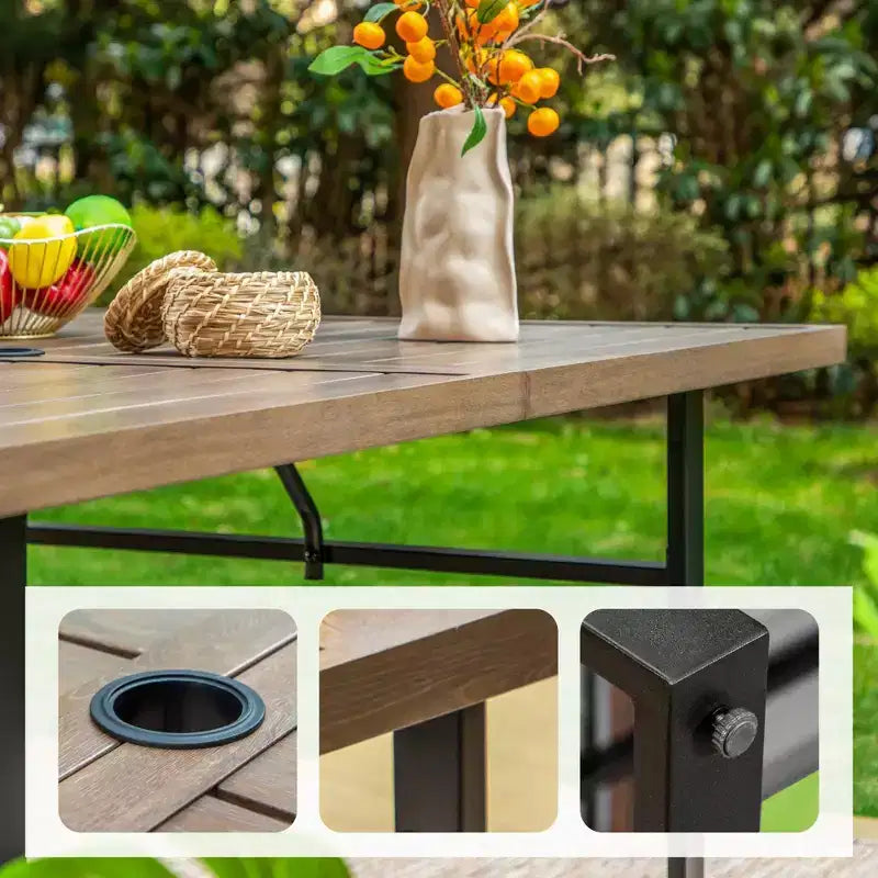 Set da pranzo da 7 pezzi per patio con tavolo rettangolare in finto legno con foro per ombrellone e sedie reclinabili pieghevoli - Captiva Designs