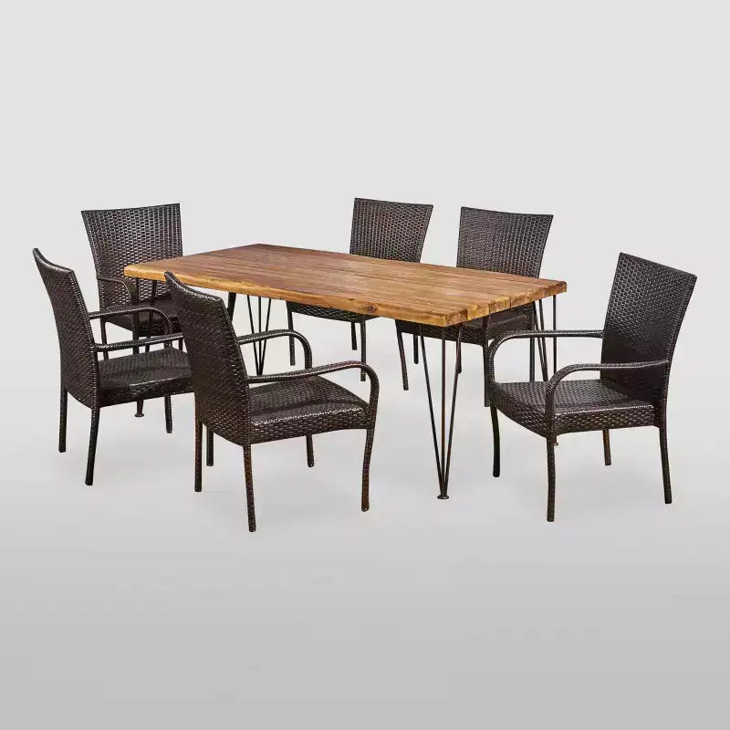 7pc Walker Acacia & Wicker Patio Dining Set Teak - Christopher Knight Home: Outdoor Seating, Hairpin Table