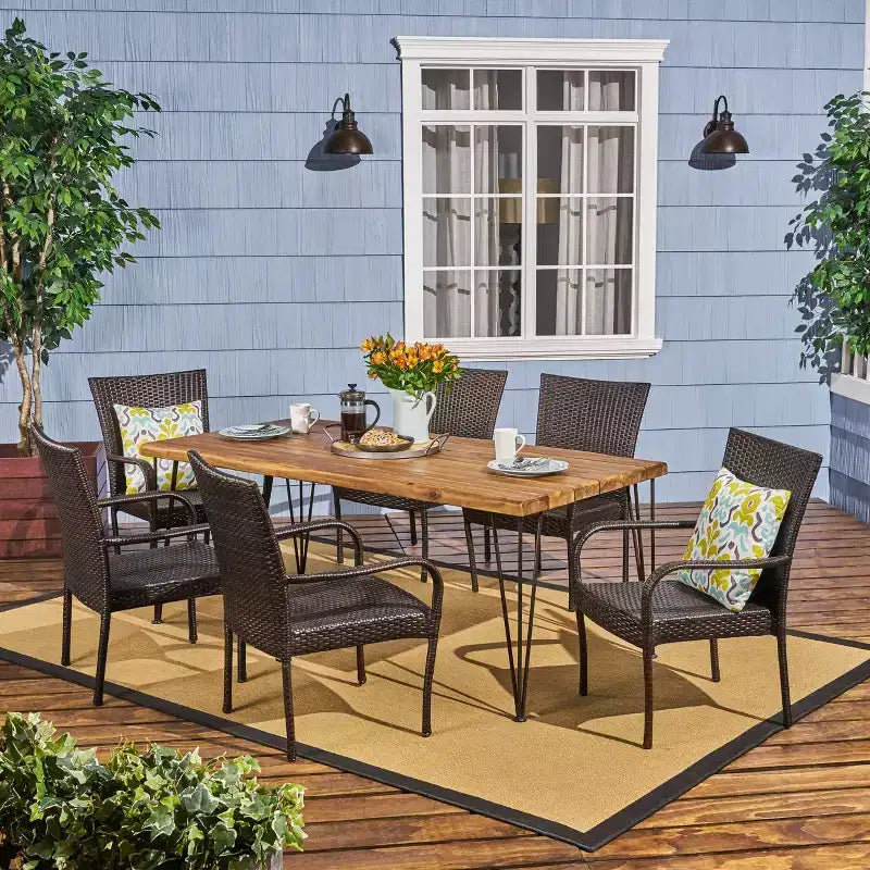 Set da pranzo da patio in 7 pezzi Walker in acacia e vimini Teak - Christopher Knight Home: Sedute da esterno, tavolo con gambe a forcina