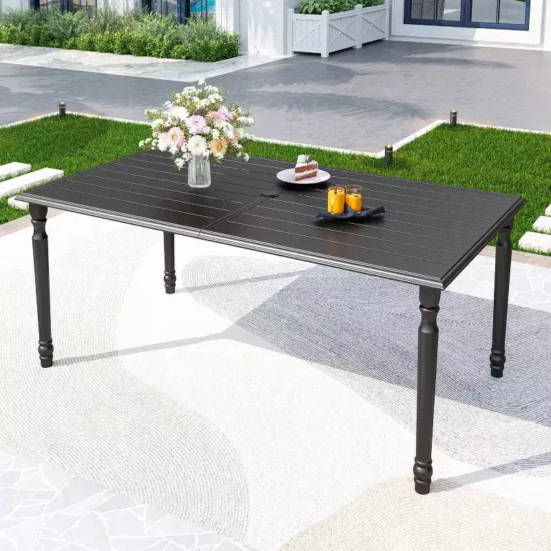 Set da pranzo da esterni 7 pezzi con tavolo rettangolare in acciaio con foro per ombrellone e sedie girevoli - Captiva Designs: Set da patio resistente alla ruggine per 6 persone