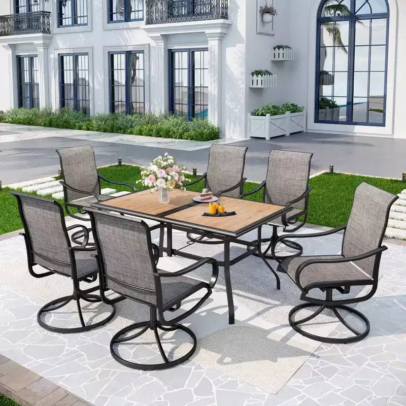7pc Outdoor Dining Set with Faux Wood Table Top & 1.6" Umbrella Hole & Swivel Chairs - Captiva Designs