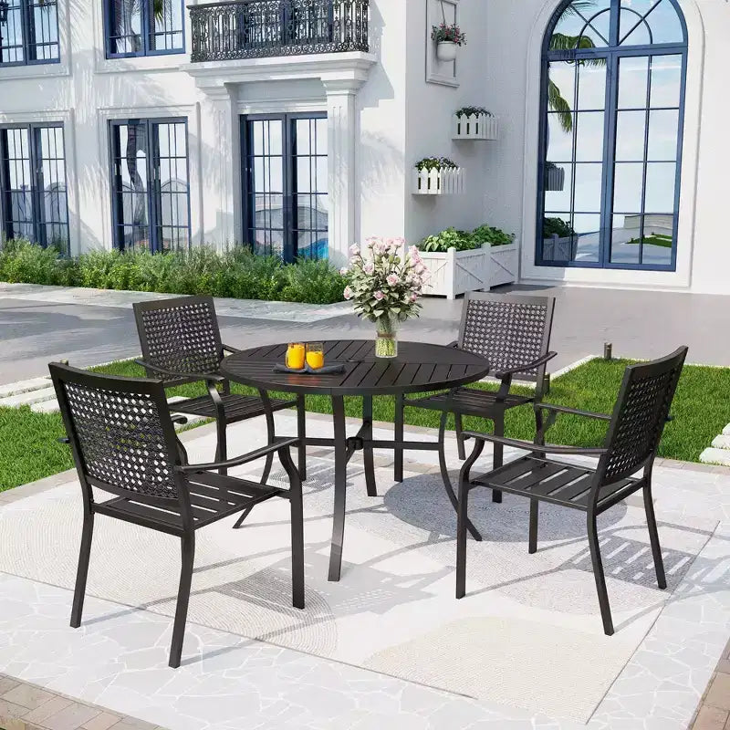 5pc Outdoor Dining Set with Metal Slat Round Table with Umbrella Hole - Captiva Designs: Stackable Chairs, Rust-Resistant