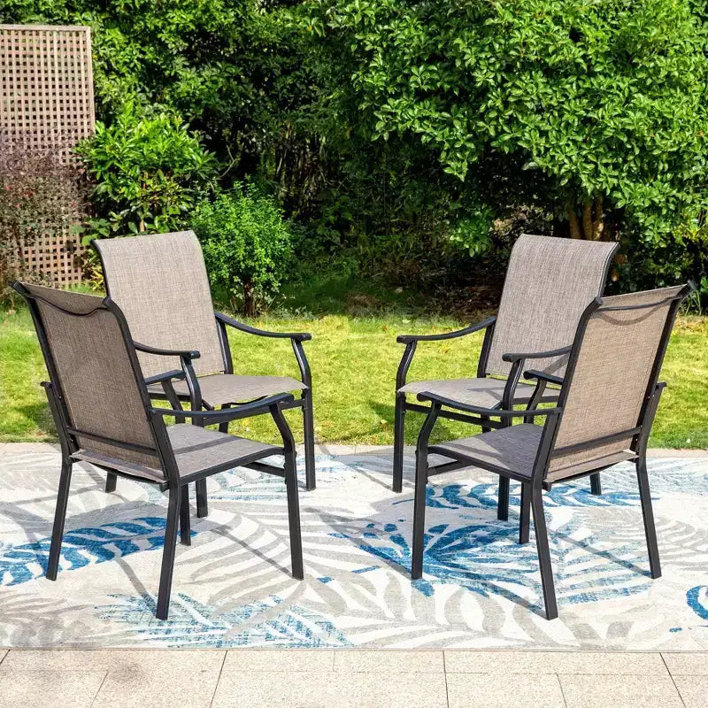 Set da Pranzo da Esterno 5 Pezzi con Sedie Sling Imbottite e Tavolo Rotondo in Metallo - Grigio/Nero - Captiva Designs: Robusto Set da Patio Resistente all'Acqua per 4 Persone