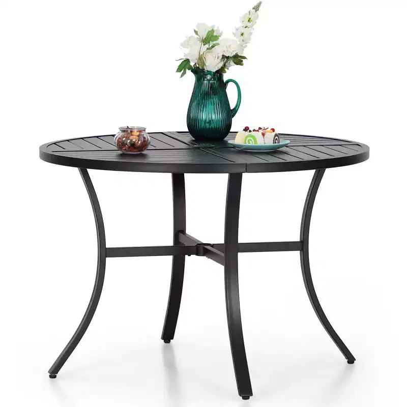 Set da Pranzo da Esterno 5 Pezzi con Sedie Sling Imbottite e Tavolo Rotondo in Metallo - Grigio/Nero - Captiva Designs: Robusto Set da Patio Resistente all'Acqua per 4 Persone