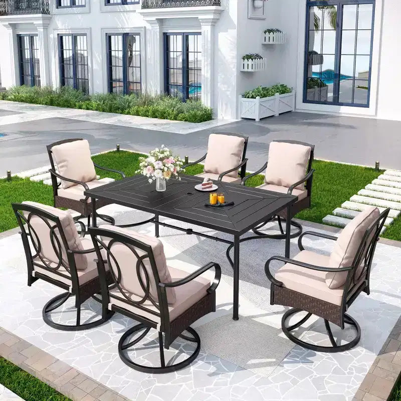 7pc Outdoor Dining Set with Swivel Chairs & Large Metal Rectangle Table with Umbrella Hole - Captiva Designs: E-Coated, Weather-Resistant