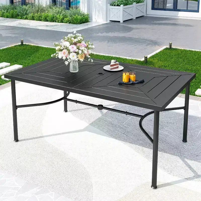 Set da pranzo da esterno 7 pezzi con sedie girevoli e grande tavolo rettangolare in metallo con foro per ombrellone - Captiva Designs: E-Coated, Resistente alle intemperie