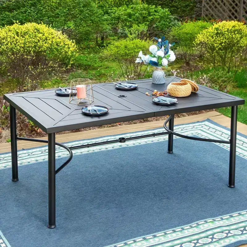 Set da pranzo da esterno 7 pezzi con sedie girevoli e grande tavolo rettangolare in metallo con foro per ombrellone - Captiva Designs: E-Coated, Resistente alle intemperie