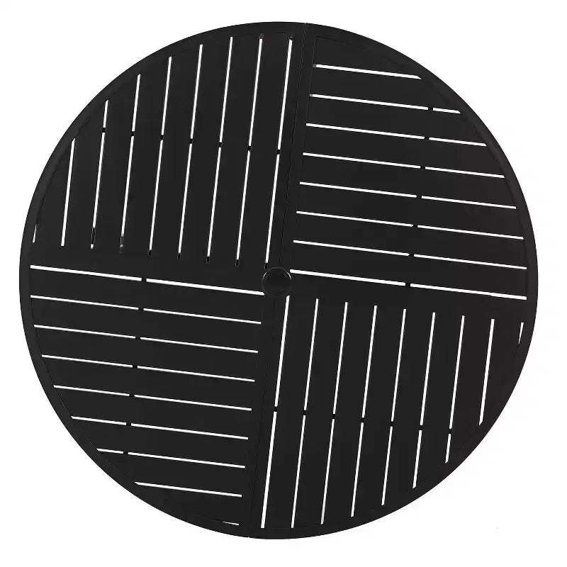 Set da pranzo da esterno 5 pezzi con sedie impilabili a righe e tavolo rotondo in metallo con foro per ombrellone - Nero - Captiva Designs: Telaio in acciaio