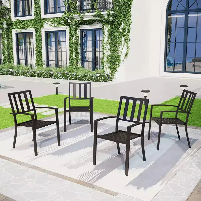Set da pranzo da esterno 5 pezzi con sedie impilabili a righe e tavolo rotondo in metallo con foro per ombrellone - Nero - Captiva Designs: Telaio in acciaio