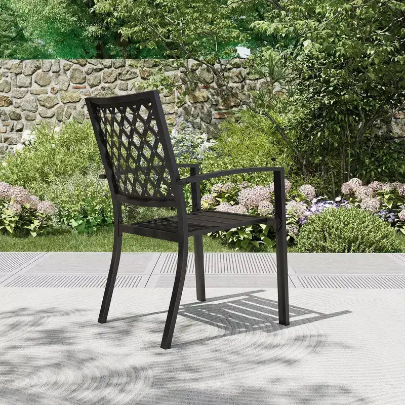 Set da pranzo da esterno 7 pezzi con tavolo rettangolare con foro per ombrellone da 1,57" e sedie in acciaio con braccioli - Nero - Captiva Designs