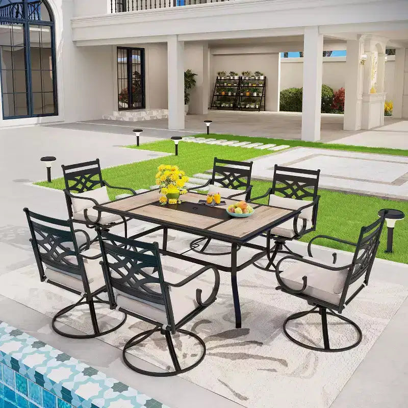 7pc Outdoor Dining Set: Black/Beige, Steel Frame, Water & Rust Resistant, 6 Arm Chairs, Rectangle Table, Patio Furniture