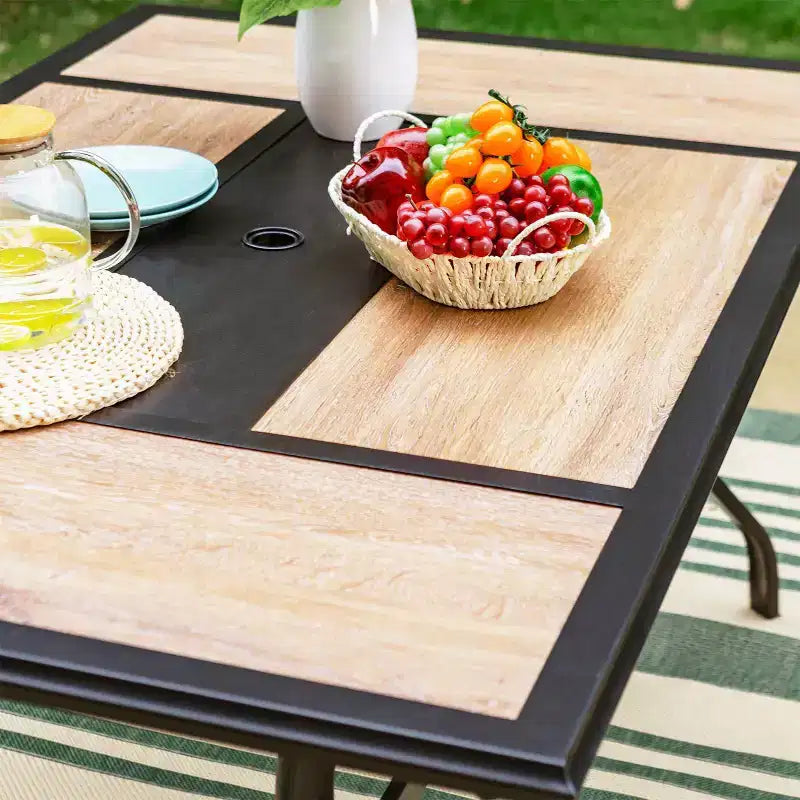 Set da pranzo da esterno 7 pezzi: Nero/Beige, Struttura in acciaio, Resistente all'acqua e alla ruggine, 6 sedie con braccioli, Tavolo rettangolare, Arredamento da giardino