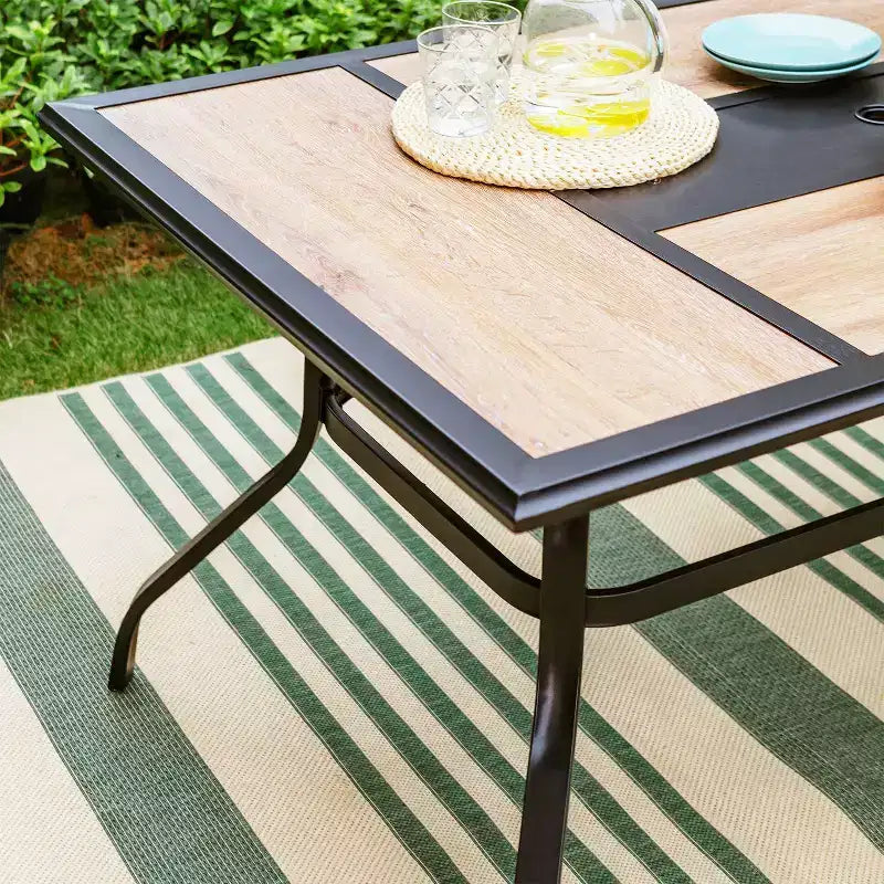 Set da pranzo da esterno 7 pezzi: Nero/Beige, Struttura in acciaio, Resistente all'acqua e alla ruggine, 6 sedie con braccioli, Tavolo rettangolare, Arredamento da giardino