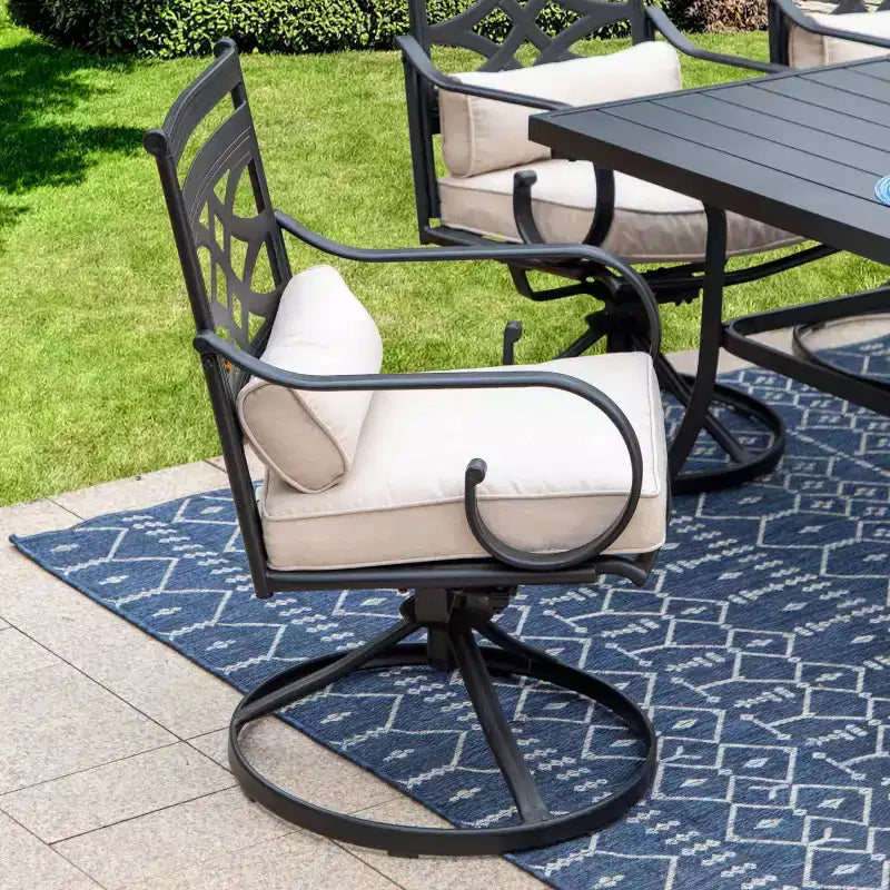 Set da pranzo da esterno 7 pezzi: Nero/Beige, Struttura in acciaio, Resistente all'acqua e alla ruggine, 6 sedie con braccioli, Tavolo rettangolare, Arredamento da giardino