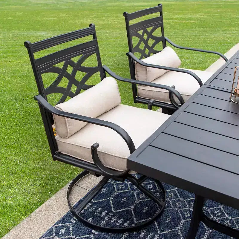 Set da pranzo da esterno 7 pezzi: Nero/Beige, Struttura in acciaio, Resistente all'acqua e alla ruggine, 6 sedie con braccioli, Tavolo rettangolare, Arredamento da giardino