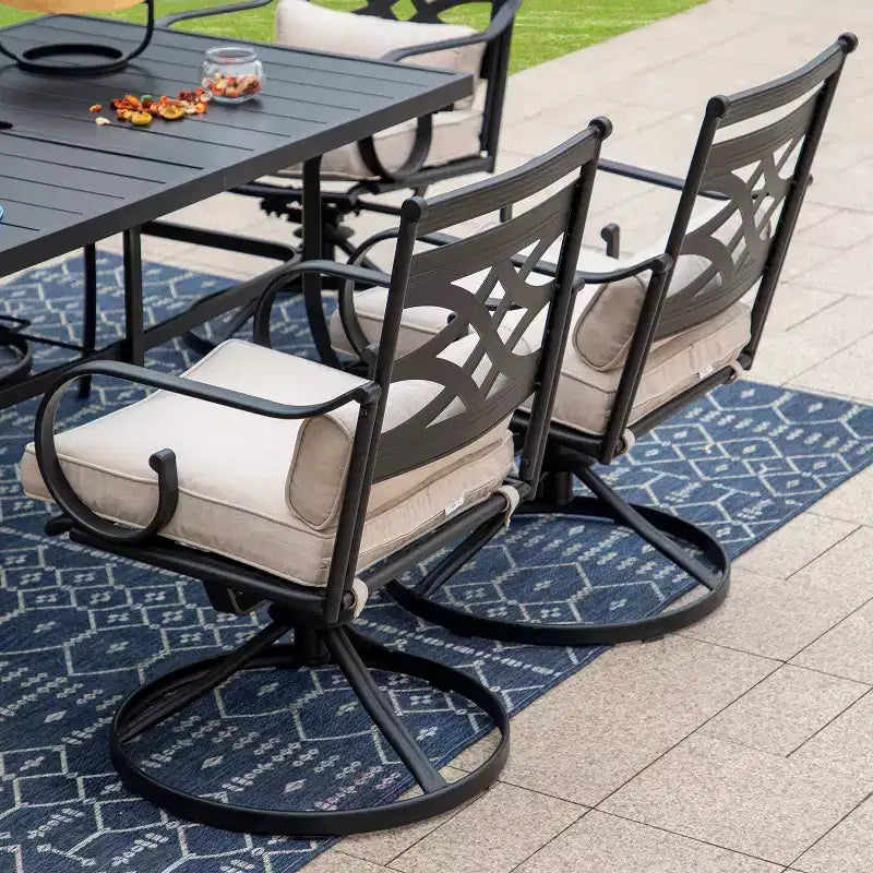 Set da pranzo da esterno 7 pezzi: Nero/Beige, Struttura in acciaio, Resistente all'acqua e alla ruggine, 6 sedie con braccioli, Tavolo rettangolare, Arredamento da giardino