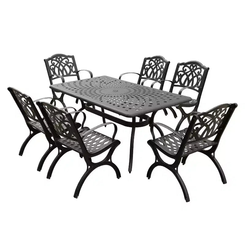 7pc Outdoor Dining Set with 67" Modern Ornate Mesh Aluminum Rectangular Table & Luxury Chairs - Black - Oakland Living