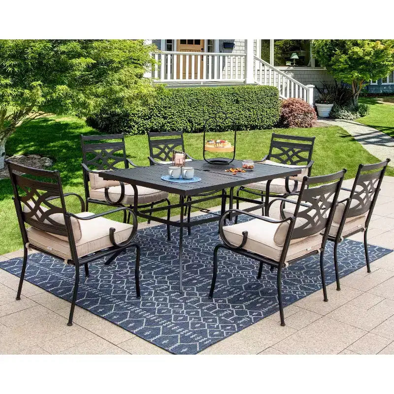 Set da pranzo da esterni da 7 pezzi con sedie con cuscini e grande tavolo in metallo con foro per ombrellone - Captiva Designs