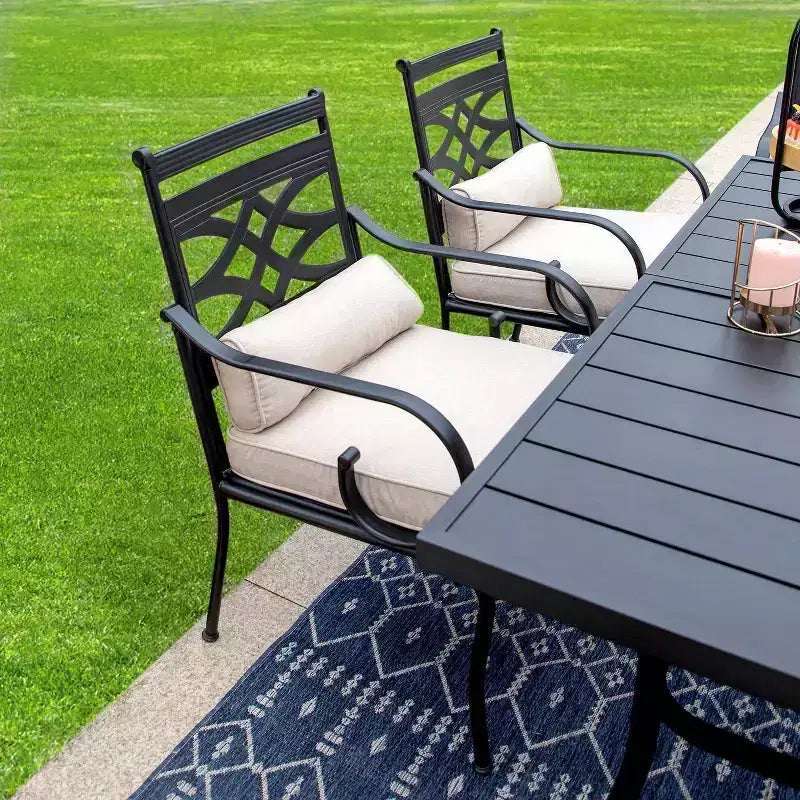 Set da pranzo da esterni da 7 pezzi con sedie con cuscini e grande tavolo in metallo con foro per ombrellone - Captiva Designs