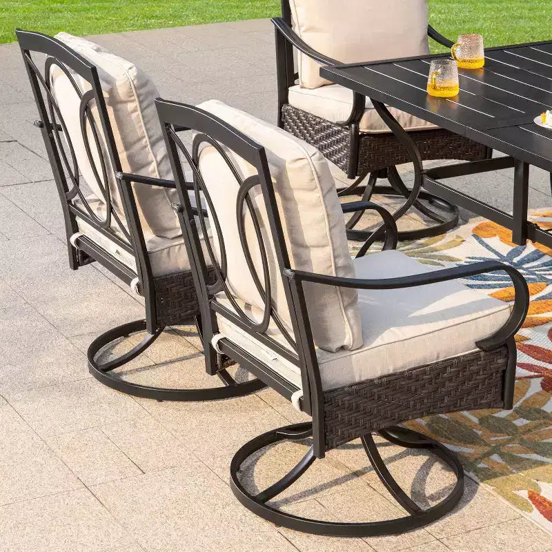 Captiva Designs - Set da pranzo da esterno in acciaio da 7 pezzi con sedie girevoli e tavolo in metallo con foro per ombrellone, colore nero