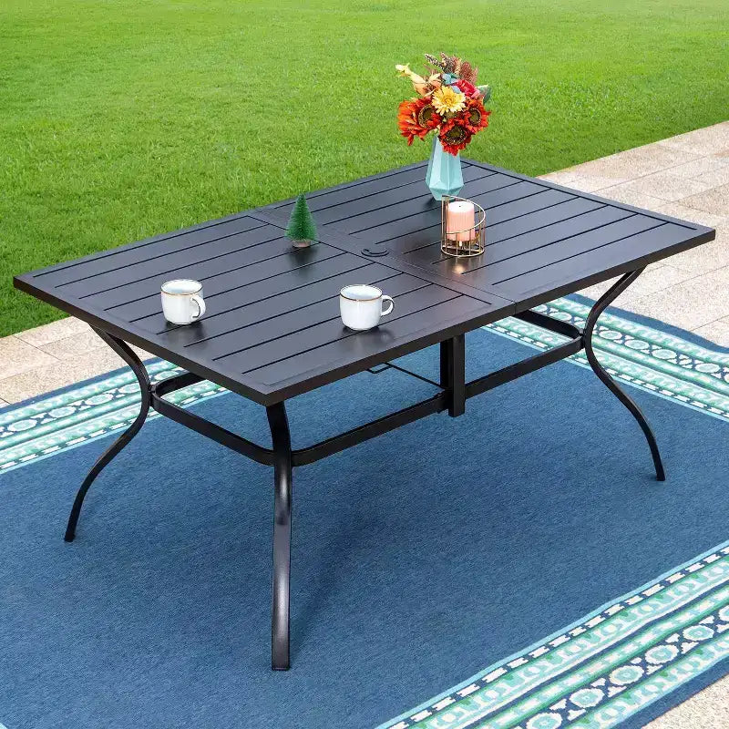 Set da pranzo per esterni da 7 pezzi con tavolo con piano a doghe in metallo con foro per ombrellone da 1,57" e sedie in alluminio - Captiva Designs: Set da patio resistente alle intemperie