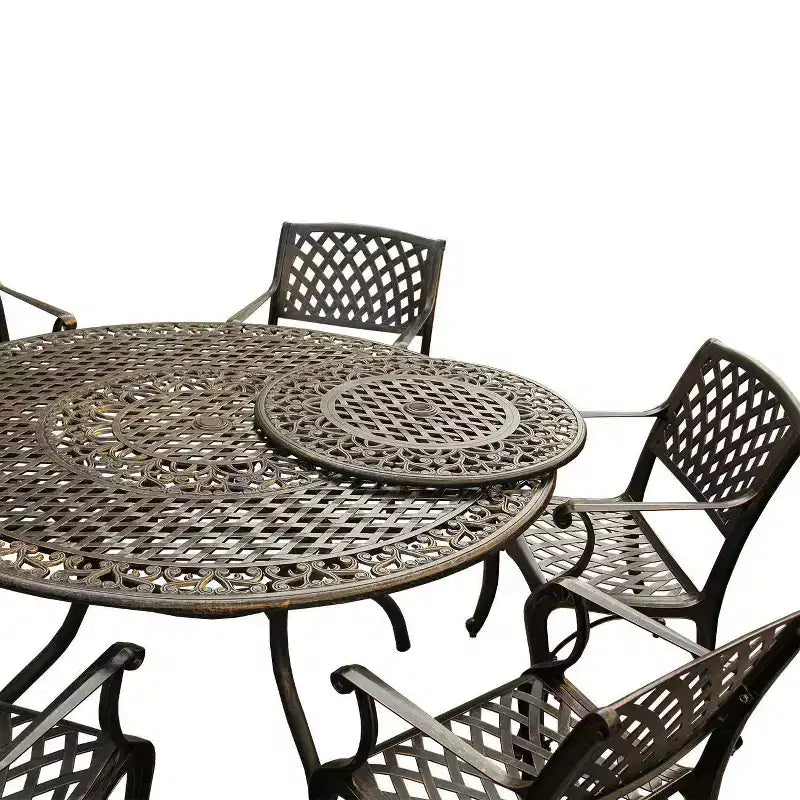 Set da pranzo da esterni 7 pezzi con tavolo rotondo da 59" in alluminio a rete decorato tradizionale e moderno contemporaneo - Bronzo - Oakland Living
