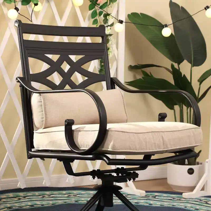 Set da pranzo da esterno da 5 pezzi con sedie girevoli con cuscini per seduta e schienale e tavolo quadrato in metallo con foro per ombrellone - Captiva Designs