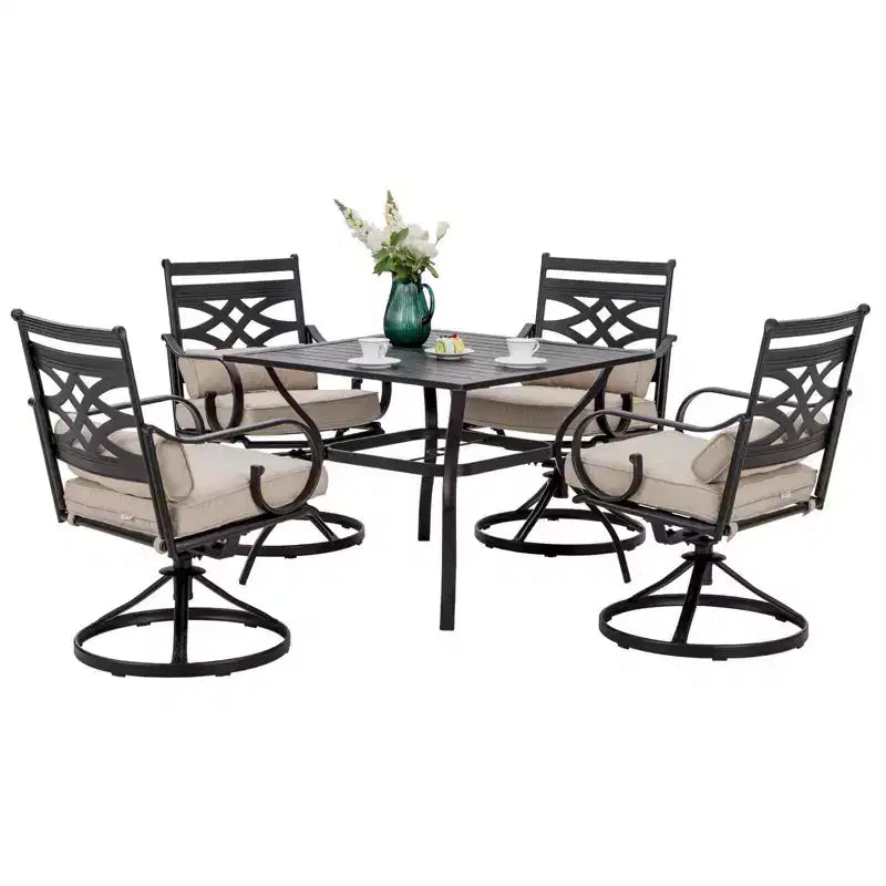 Set da pranzo da esterno da 5 pezzi con sedie girevoli con cuscini per seduta e schienale e tavolo quadrato in metallo con foro per ombrellone - Captiva Designs