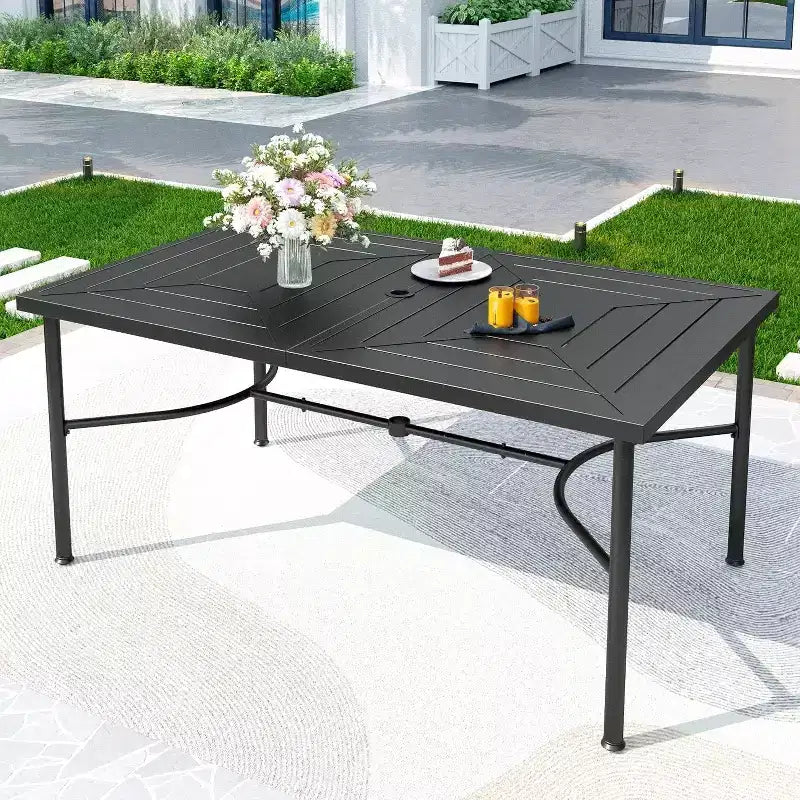 Set da pranzo da esterno 7 pezzi con tavolo rettangolare con foro per ombrellone da 1,9" e sedie in Textilene imbottite - Grigio/Nero - Captiva Designs: Struttura in acciaio